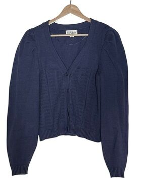 For the Republic Puff Sleeve Pointelle Knit Buttons V Neck Cardigan Size L Blue